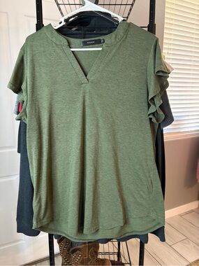 American Eagle Outfitters Olive Green Ruffle Sleeve V-Neck Tee